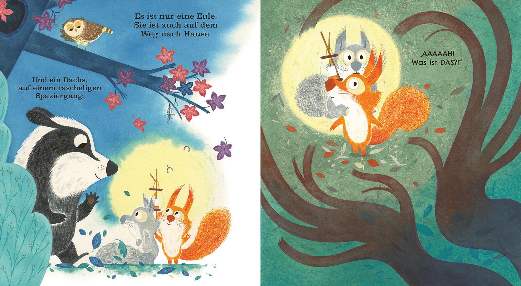 Oh, wie funkelt es so schön im Dunkeln - Auf dem Weg nach Hause: Dargestellt sind verschiedene Tiere, die nachts durch den Wald laufen.