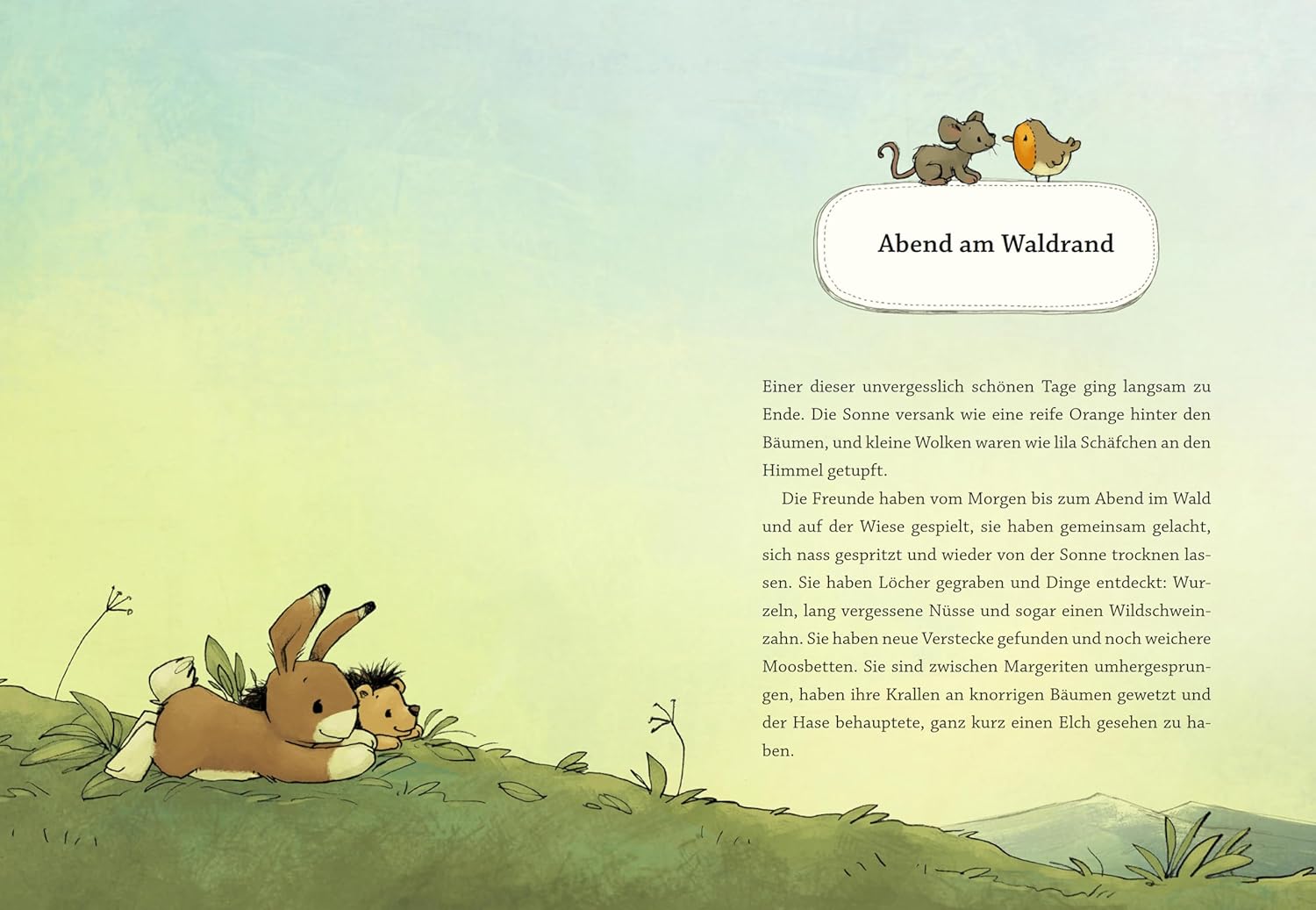 Wir zwei – Geschichten zum Einkuscheln - Abend am Waldrand: Abgebildet sind ein Hase und ein Igel, die zusammen im Gras auf einem Hügel liegen.