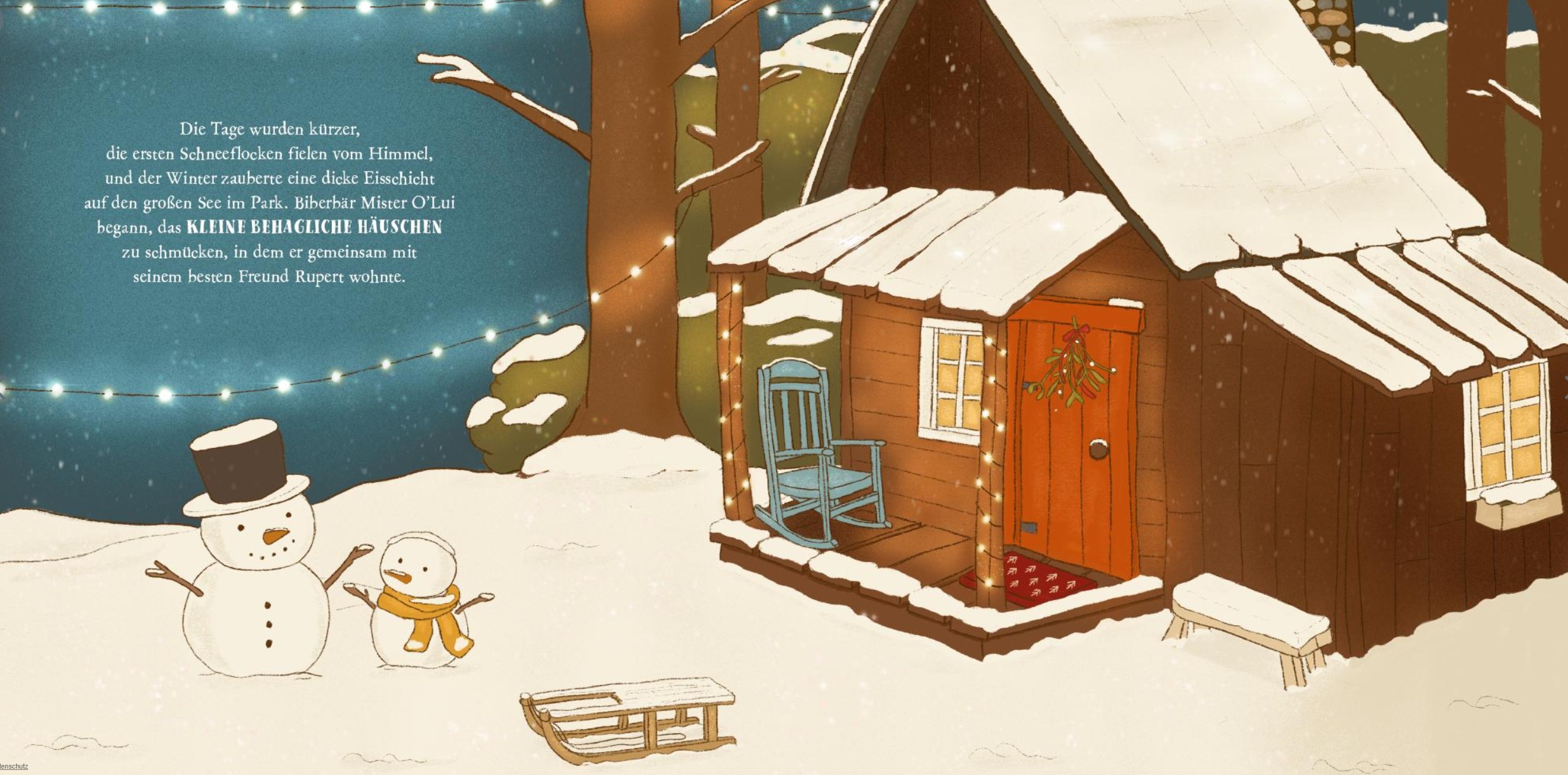 Mister O'Lui feiert Weihnachten - Das Haus von Mister O'Lui: Dargestellt ist ein Holzhaus in einer verschneiten Landschaft mit einem Schneemann davor.