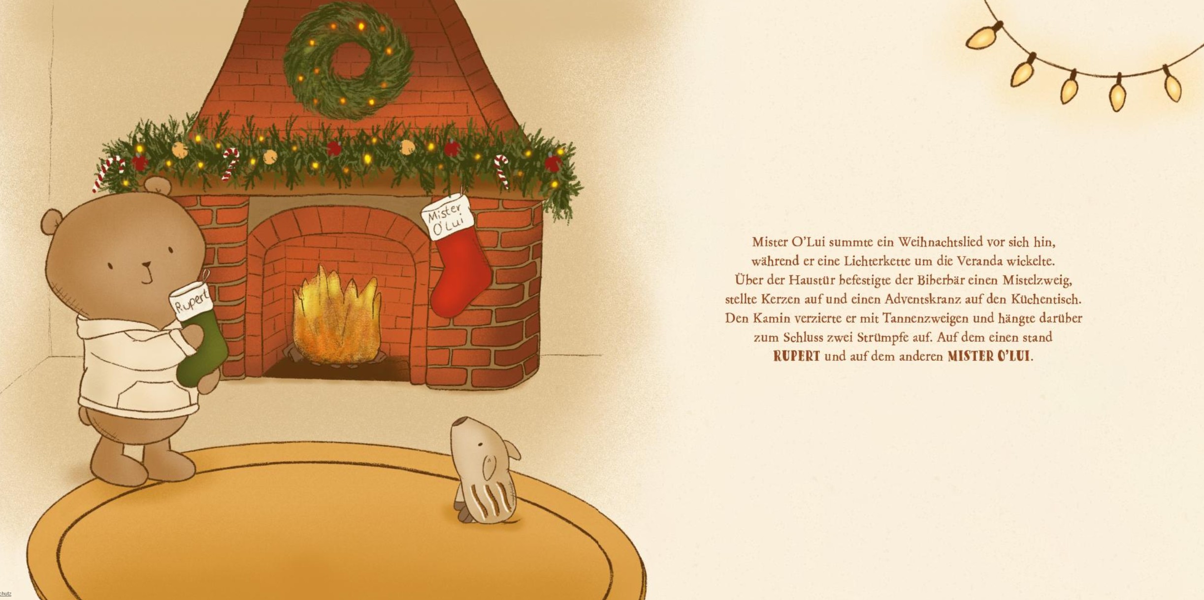 Mister O'Lui feiert Weihnachten - Mister O'Lui und Rupert: Abgebildet sind ein Bär und ein kleines Wildschwein vor einem Kamin.