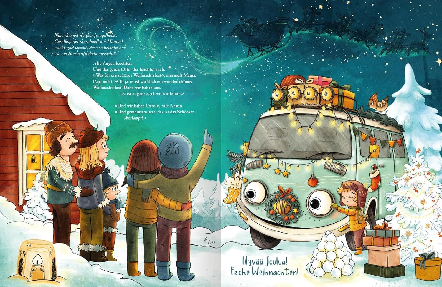 OTTO fährt los – Weihnachten in Finnland - Frohe Weihnachten: Zu sehen ist eine Familie vor einem roten Holzhaus und ein Campingbus, der davor steht.