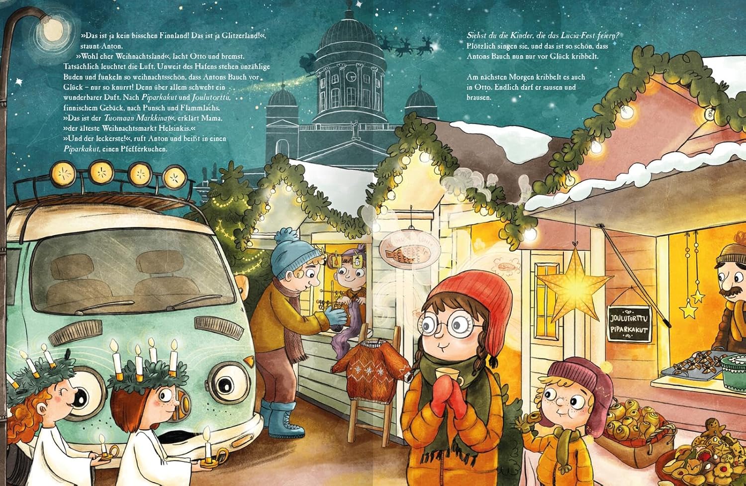 OTTO fährt los – Weihnachten in Finnland - Lucia-Fest: Abgebildet sind ein Campingsbus und zwei Kinder in weißen Gewändern auf einem Weihnachtsmarkt.