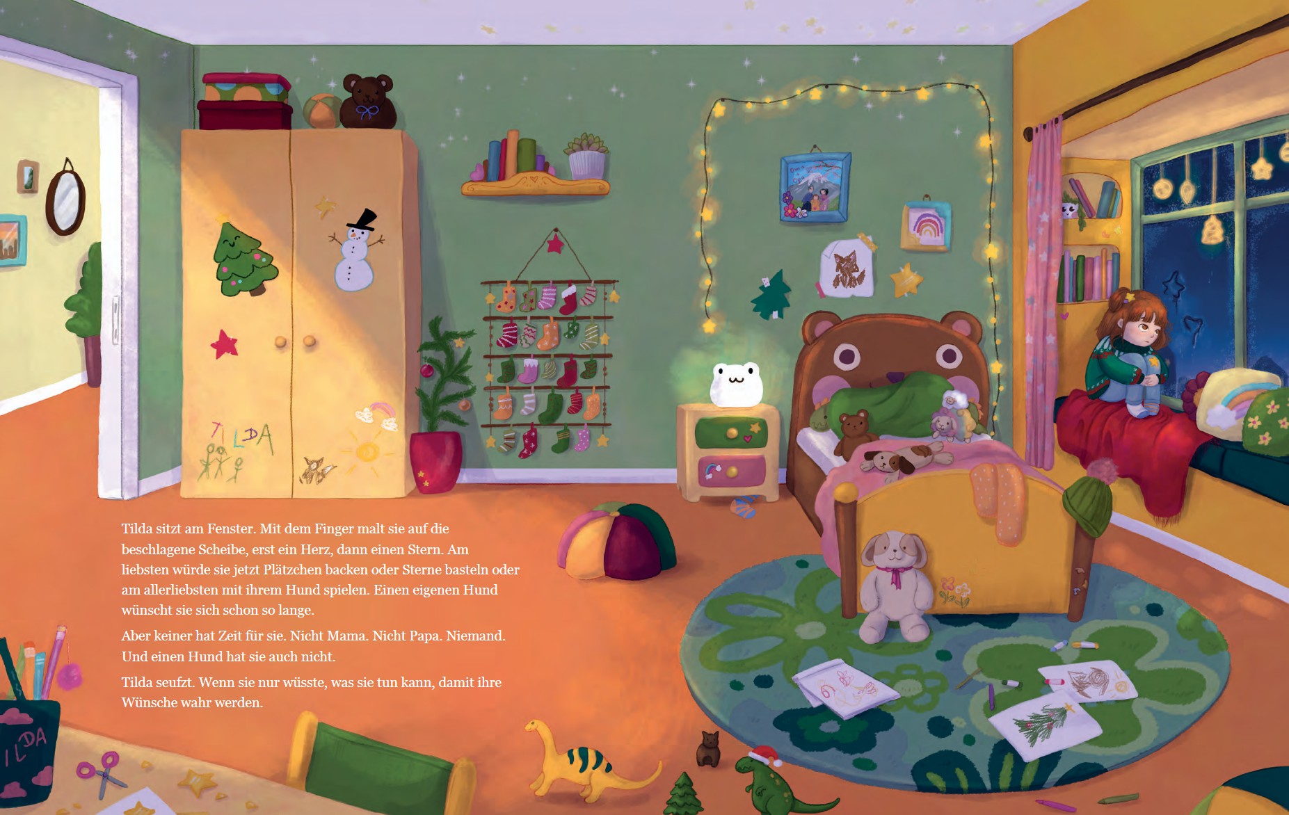 Wichtelzauber im Flaschengarten - Tilda in ihrem Zimmer: Dargestellt ist, wie ein Mädchen in ihrem Zimmer an einem Fenster sitzt.