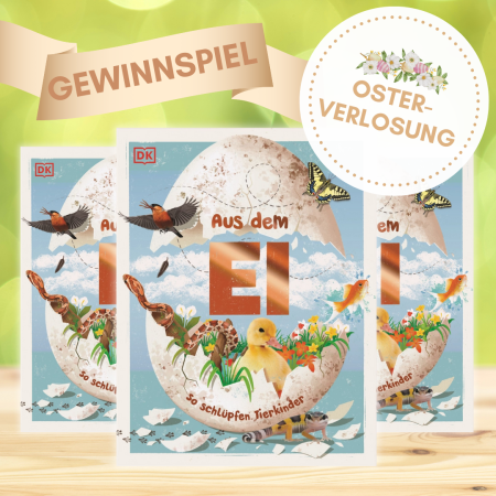 Dreifach das Buchcover von "Aus dem Ei" mit Osterverlosung und Gewinnspiel - Vermerk