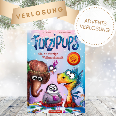 Furzipups – Oh, du furzige Weihnachtszeit! - Adventsverlosung: Abgebildet ist das Buch sowie der Text zur Adventsverlosungsaktion.