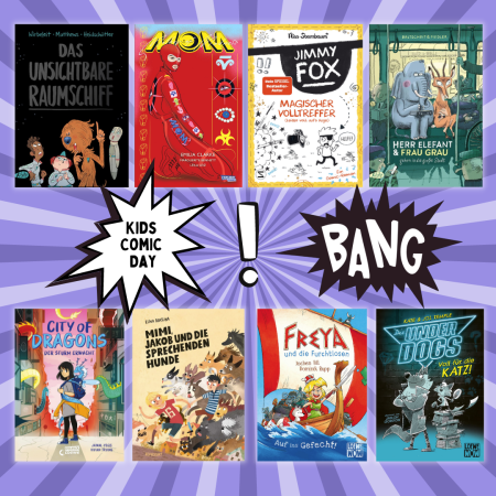 Je 4 Comics in einer Reihe mit "Kids Comic Day", Ausrufezeichen und "Bang" in der Mitte