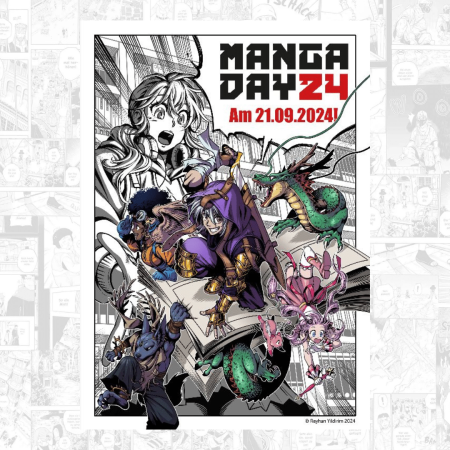 MANGA DAY 2024 - Am 21.09.2024 - Ankündigung mit Mangafiguren, die aus einem Heft kommen