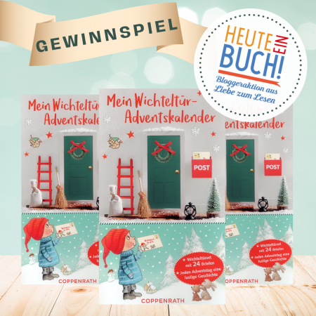 Verpackung "Mein Wichteltür-Adventskalender" dreifach mit "Heute ein Buch"-Logo und "Gewinnspiel"-Vermerk