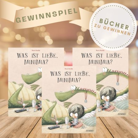 Das Buch "Was ist Liebe Minimia?" dreifach mit Gewinnspiel-Vermerk